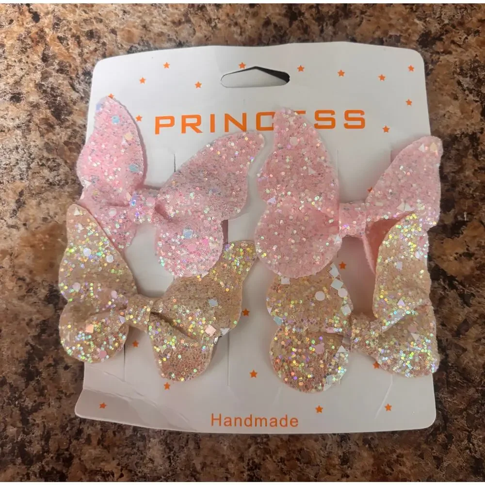 4-Pack Girls Glitter Butterfly Hair Clips Pink Gold Sparkly Bows
